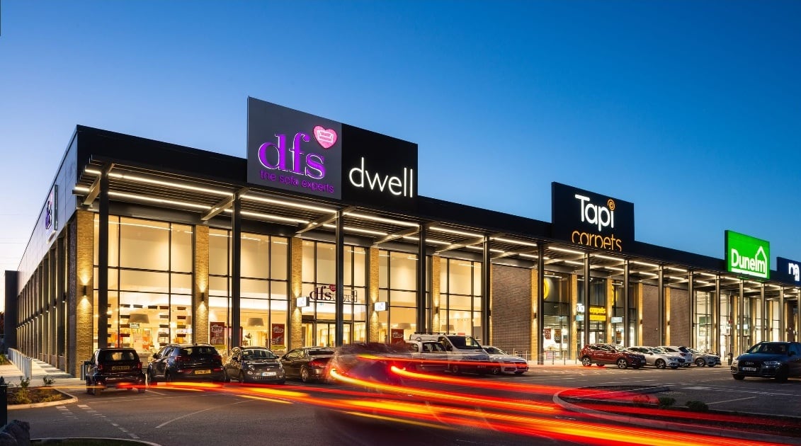 Retail park at dusk