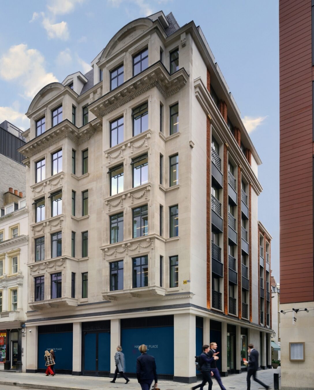 Restored Portland stone façade of Hanover Place