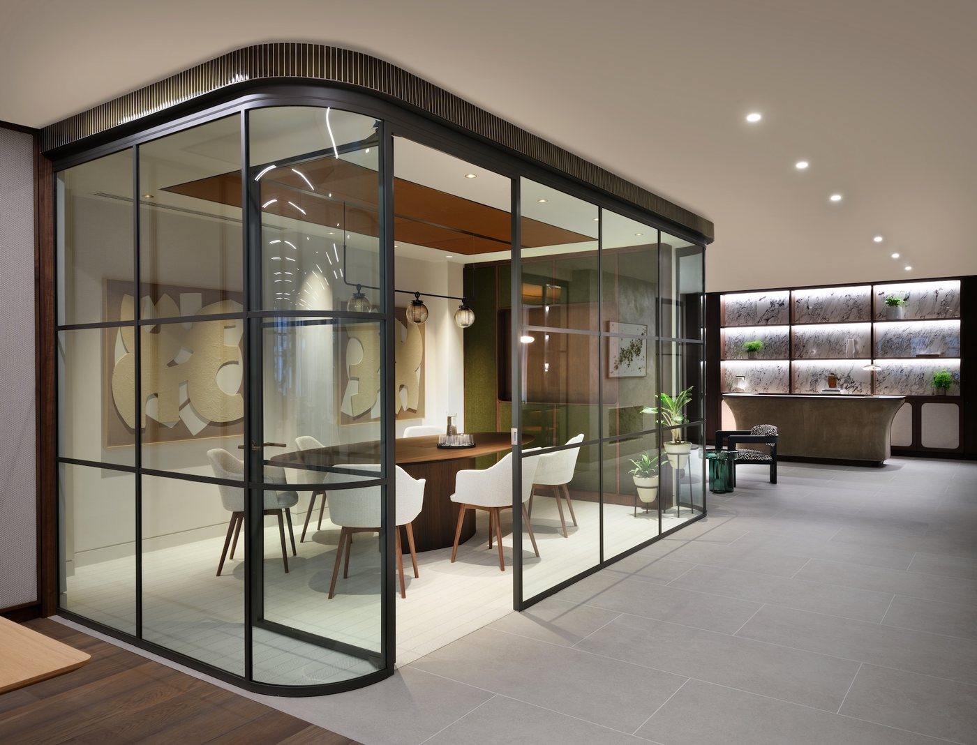 Glass-fronted meeting room and reception area at 7 Pollen Street