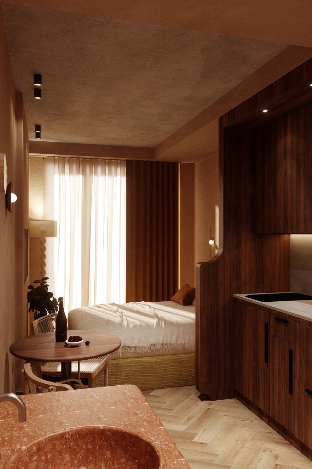 Warm-toned guest room interior at The Wick hotel