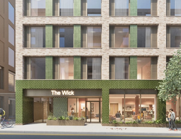 Architectural visualisation of The Wick hotel entrance and green-tiled frontage